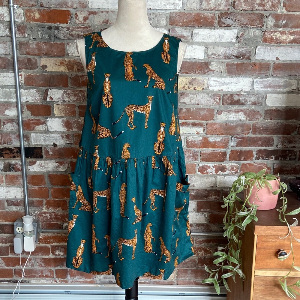 Green Dress with Cheetah Print 100% Cotton